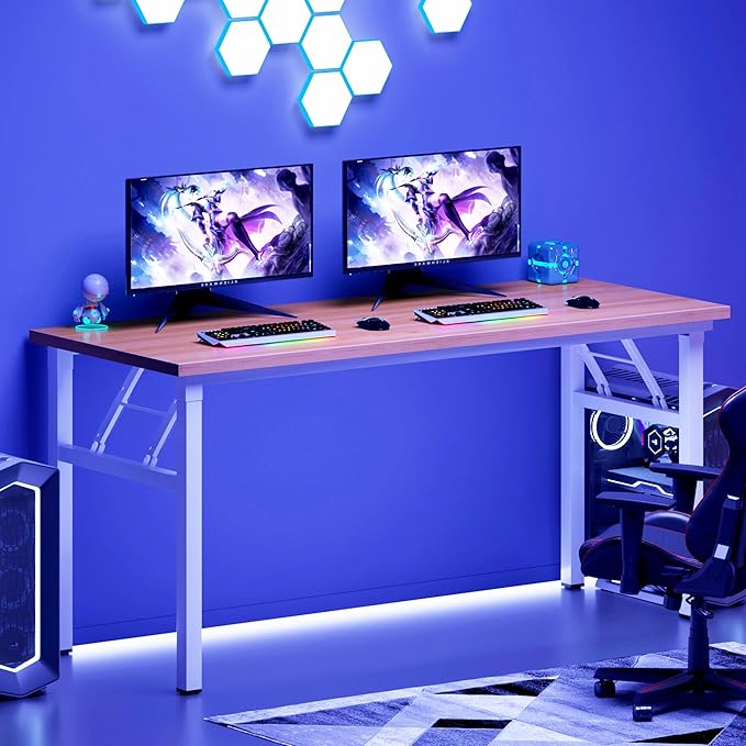 DlandHome Large Computer Desk, Folding Desk, Decent and Steady Home Office Desk/Workstation/Table 54.3inch Teak White