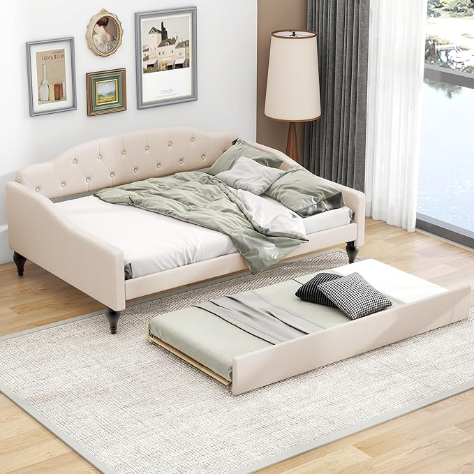 Full Size Linen Upholstered Tufted Daybed with Twin Size Trundle,Sofa Bed,No Box Spring Needed, Furniture for Bedroom Living Room Guest Room,Beige