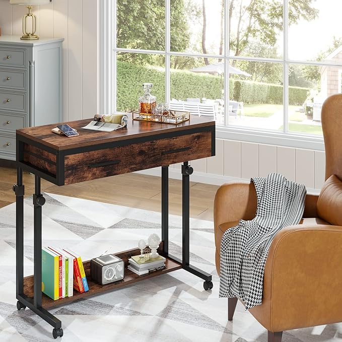 Tribesigns Portable Desk with Drawers, Mobile Laptop Desk with Wheels, Sofa Side Table Small Portable Standing Rolling Table for Home Office