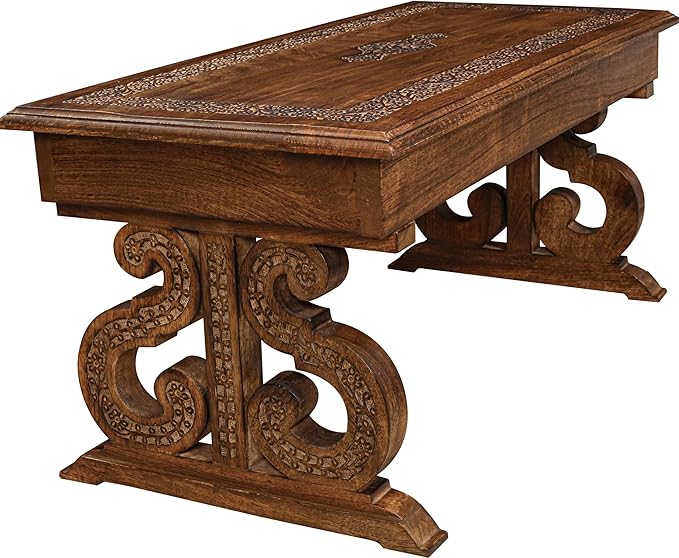 Lightnpro Handcrafted Mango Wood Rectangular Coffee Table - Vintage Rustic Living Room Center Table with Intricate Carving, Modern Farmhouse Style, Eco-Friendly Furniture - 40x18 Inch Burnt Finish