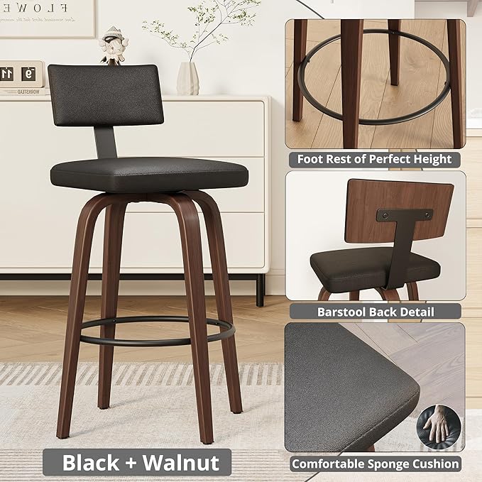IRONCK Counter Height Bar Stools Set of 2, 29'' Faux Leather Upholstered Barstools with Back, Footrest, Wood Texture Bent Legs, Mid-Century Modern 360° Swivel Bar Stools for Kitchen Island, Black