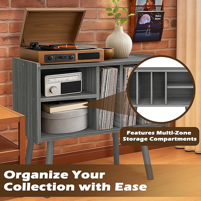 Record Player Stand with Vinyl Storage, Wooden Record Player Table with 5 Cabinet, Large Vinyl Record Player Stand, Record Player Holder, Record Player Shelf for Office Living Room, Gray