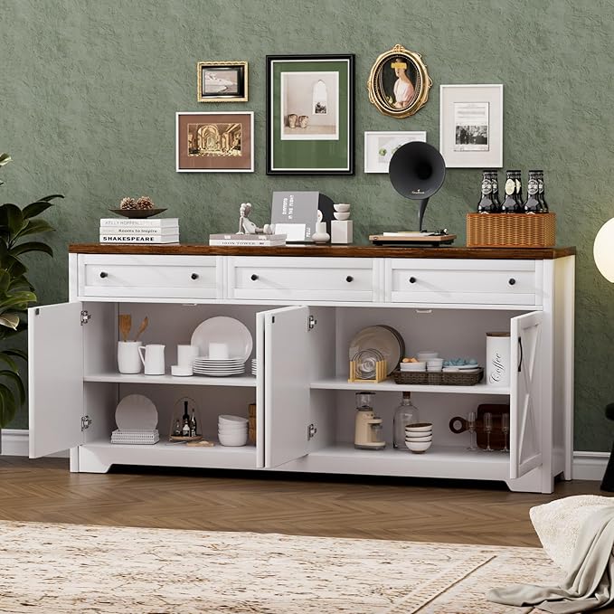 66'' Farmhouse Sideboard Buffet Cabinet with Storage, Large Kitchen Storage Cabinet with Barn Doors Drawers, Brown Coffee Bar Table for Dining Room Kitchen