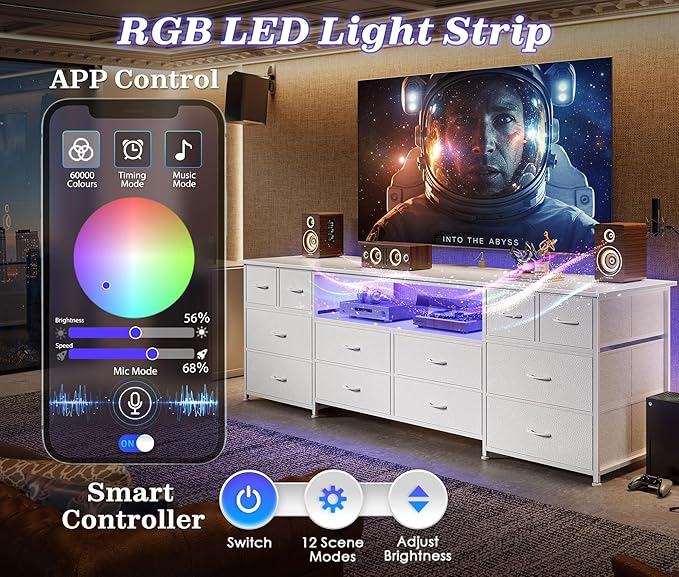 Huuger 63 Inch Dresser TV Stand with LED Lights, Power Outlets and USB-C Port, 12 Fabric Drawer Dresser for Bedroom, Wide Entertainment Center for 65, 70 Inch TV, Media Console, Open Shelf, White
