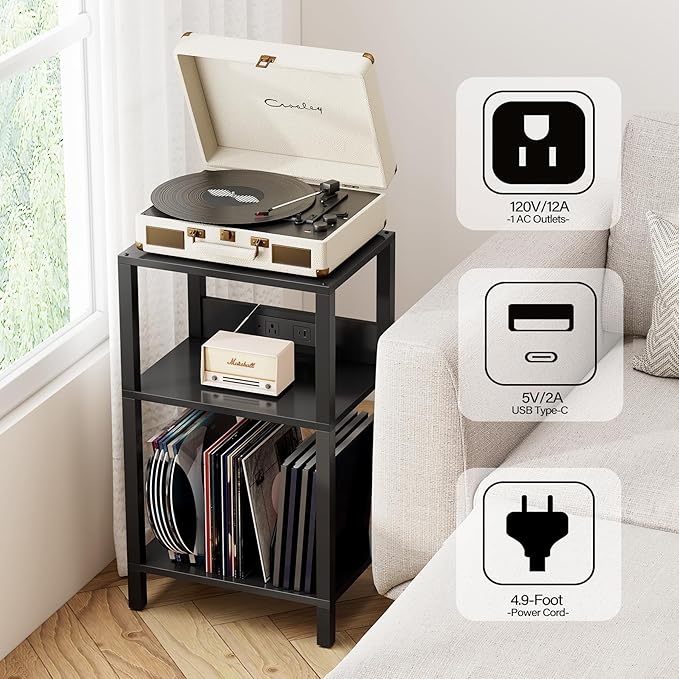 TUTOTAK Record Player Stand with Storage Up to 100 Albums，Record Storage Table,3 Tier End Table with Charging Station,Side Table for Living Room, Bedroom, Black TB01BK076