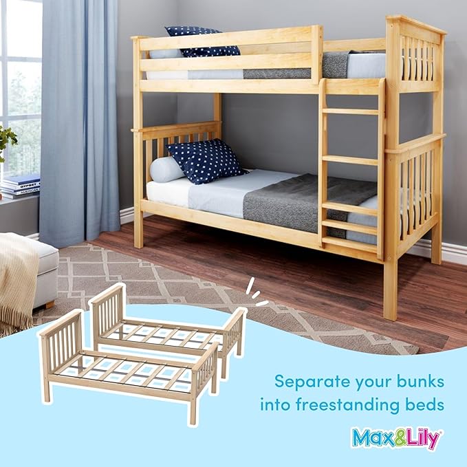 Max & Lily Bunk Bed Twin over Twin, Solid Wood Bunk Bed Frame with Ladder for Kids, 14" Safety Guardrails, Easy Assembly, No Box Spring Needed, Natural