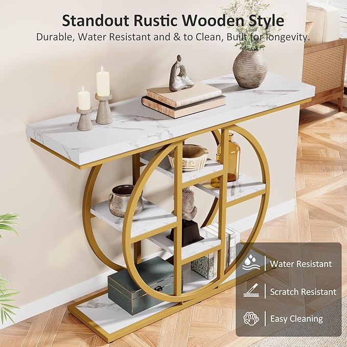 41" Console Table, 4-Tier Entryway Table with Circle Base, Industrial Narrow Wood Sofa Accent Tables with Storage Shelves for Living Room, Hallway, Foyer (White Gold)