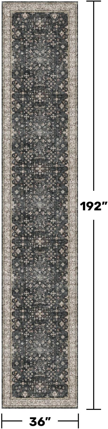 Black Boho Washable 3x16 Extra Long Runner Rug for Hallway, Waterproof Large Kitchen Floor Rug, Non-Slip Stain & Fade Resistant, Vintage Floral Decor