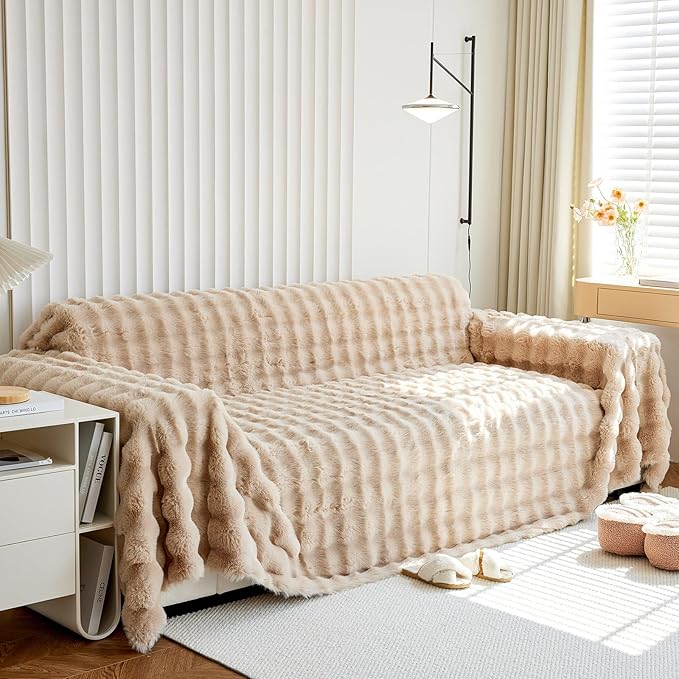 Soft Warm Faux Fur Sofa Cover Thick Shaggy Fuzzy Sectional Couch Cover Plush Furniture Cover Fluffy Furniture Cover for Couch Sofa Bed(Khaki,71" x 134")
