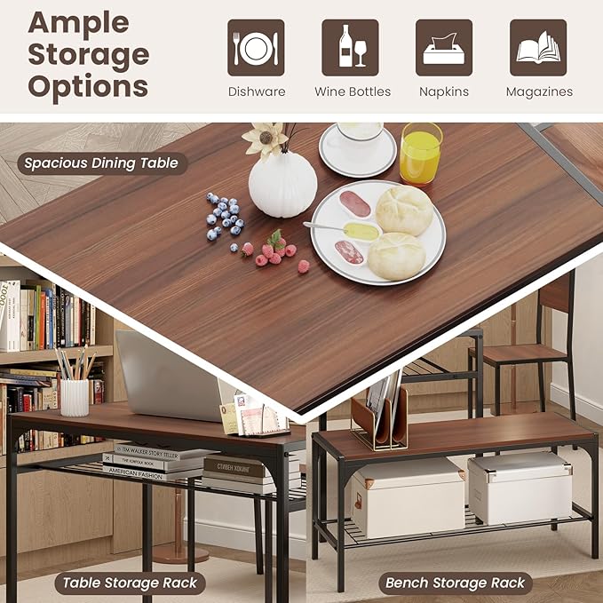 Giantex Dining Table Set for 4, Kitchen Table with Chairs & Bench, Storage Racks, Metal Frame, 4-Piece Space-Saving Dinette Set for Dining Room, Breakfast Nook, Small Space, Apartment, Walnut