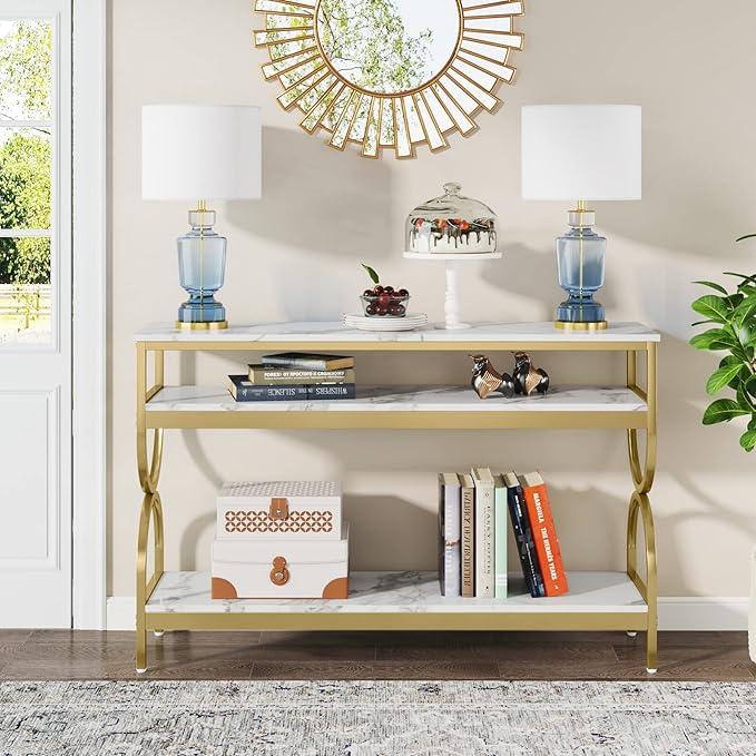 Tribesigns 3-Tier Console Table, 55 inch Sofa Table with Open Storage Shelves, Narrow Long Hallway/Entryway Table with Faux Marble Top for Home Living Room Entryway, White & Gold