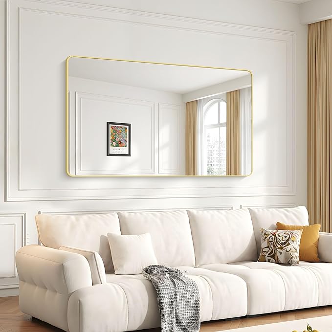 55x36 Inch Gold Bathroom Mirror, Metal Framed Large Rectangle Mirror, Rounded Rectangular Vanity Mirror, Wall Mounted Mirror for Over Sink Living Room Bedroom Entryway Horizontal/Vertical