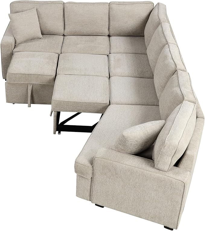 126" Extra Large Pull-Out Sofa Bed with Drop-Down Cup Holder Tables,L-Shaped Sectional Cozy Couch W/Charging Device,Convenient Sleeper Furniture Set for LivingRoom Apartment,Black Chenille