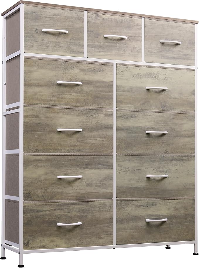 WLIVE Storage Organizer Unit with 11 Fabric Bins, Storage Drawers Organizer with Steel Frame, Tall Storage Tower Organizaton for Living Room, Hallway, Office, Greige