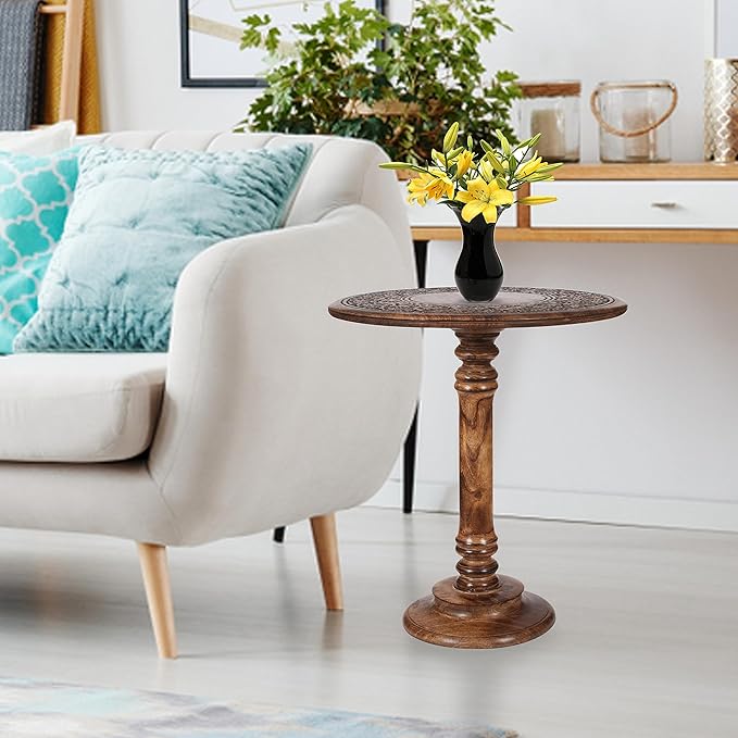 Lightnpro Hand-Carved Wooden Pillar Table - Rustic Accent Vintage Side End Table for Living Room, Entryway, Bedroom, Books, Plants, Lamps & Home Décor - Antique Burnt Finish, 18x22 Inch