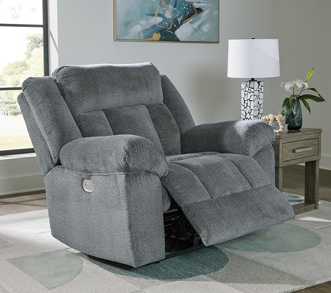 Signature Design by Ashley Tip-Off Casual Wall Hugger Power Recliner with Adjustable Headrest and USB Ports, Gray