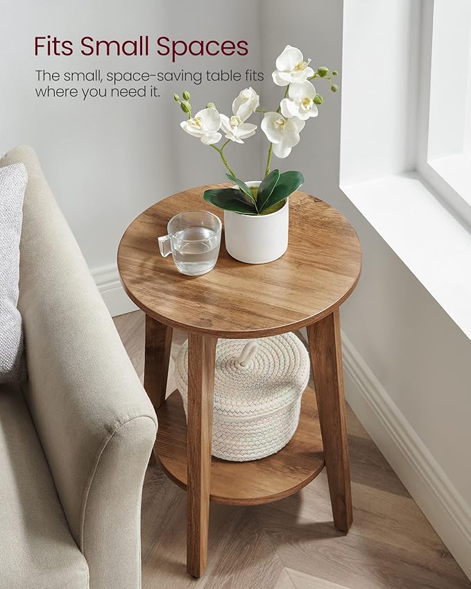 VASAGLE Side Tables, Set of 2, Small Round End Table with Lower Shelf, Nightstand for Small Spaces, Living Room, Bedroom, Rustic Walnut ULET289K01