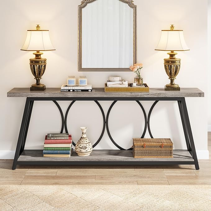 Tribesigns 70.9 inch Extra Long Console Table, Industrial Sofa Table Behind Couch with 2 Tier Storage Shelf, Narrow Entryway Hallway Accent Table for Living Room, Grey