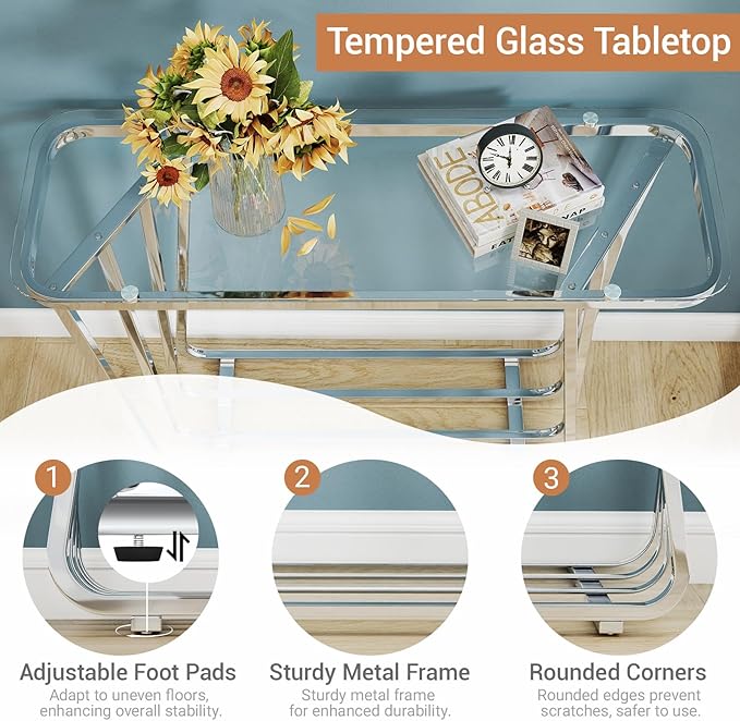 OIOG Glass Console Table for Entryway, Modern Entrance Table with Tempered Glass & Chrome Frame, Silver Sofa Table for Living Room Hallway