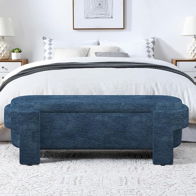 KEIKI 51" Linen Ottoman Bench with Large Storage Space, Upholstered Seating Foot Rest Stool Furniture for Bedroom, Living Room, Entryway, Dark Blue