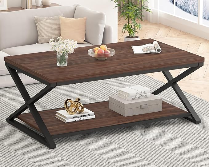 HSH Walnut 2 Tier Storage Coffee Table, Modern Rectangle Center Table for Living Room, Industrial Minimalist Wooden Metal Cocktail Tea Table, Home Office Rustic Simple Display Coffee Table, 39 Inch