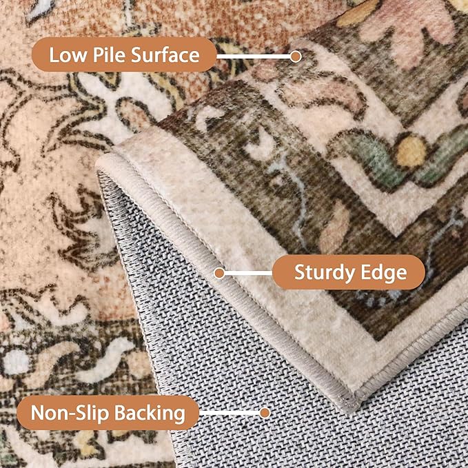 8X10 Area Rugs Machine Washable Rugs for Living Room, Vintage Boho Large Rugs for Bedroom Dining Room, Non Slip Indoor Soft Distressed Lightweight Thin Low Pile Carpet, Chestnut