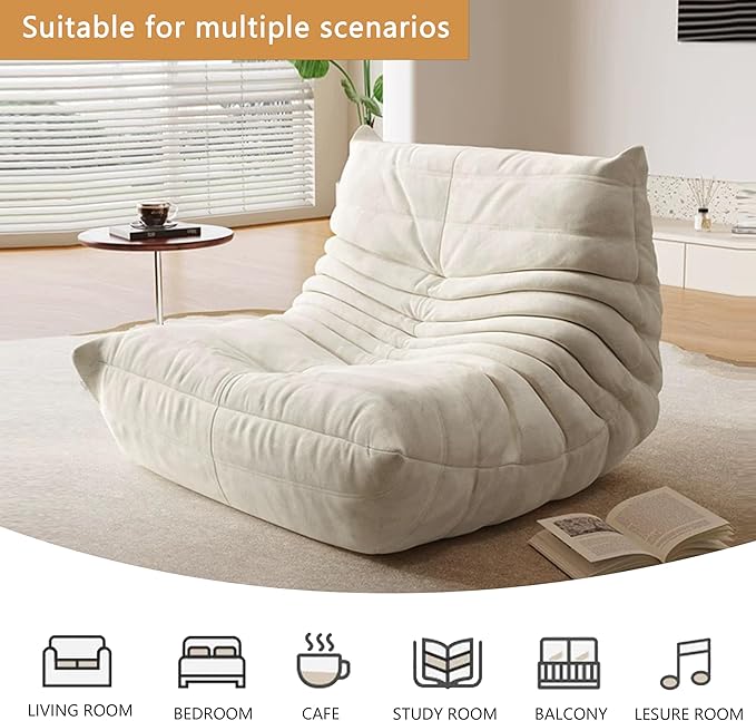 Bean Bag Chair - Memory Foam Bean Bag Chair for Adults, Comfy High-Resilience Single Sofa, Small Space Floor Chair, Chaise Lounge for Living Room, Bedroom (Beige, Wrinkles)