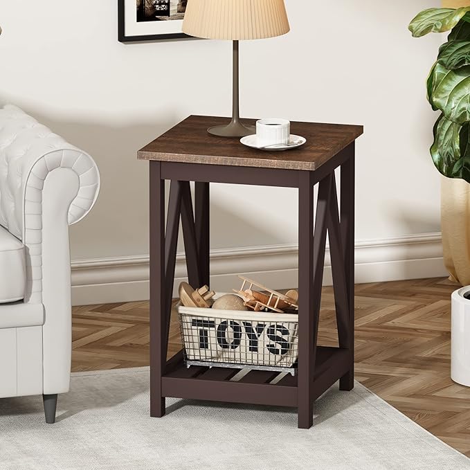 ChooChoo Farmhouse End Table, Rustic Vintage End Side Table with Storage Shelf for Small Spaces, Nightstand Sofa Table for Living Room, Bedroom Espresso 2 Pack