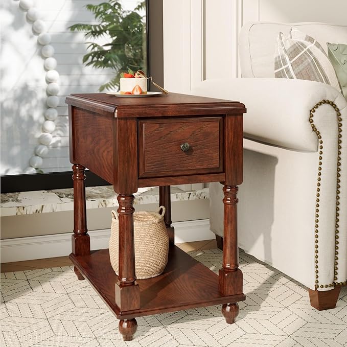 Narrow End Table with Drawer and Storage Shelf, Solid Wood Sofa Side Tables for Living Room, Slim Beside Table-, Vintage Telephone Tabless for Small Spaces, No-Tools Assembly Vintage Walnut BBJ004DWA