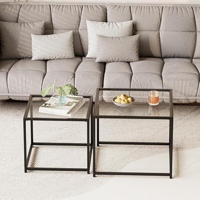 Garden 4 you Coffee Table Set of 2, Modern Glass Nesting Table, Metal Frame Square Center Table Set, Side Tables, Nesting Coffee Table for Living Room, Bedroom and Small Spaces, 23.6in Black