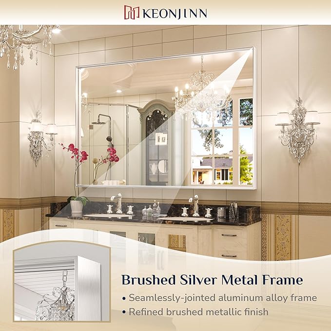 Keonjinn Silver Bathroom Mirror 60” x 40” Large Wall Rectangle Mirror for Bathroom Square Corner Metal Framed Farmhouse Mirror Decorative Rectangular Vanity Mirror for Over Sink(Horizontal/Vertical)