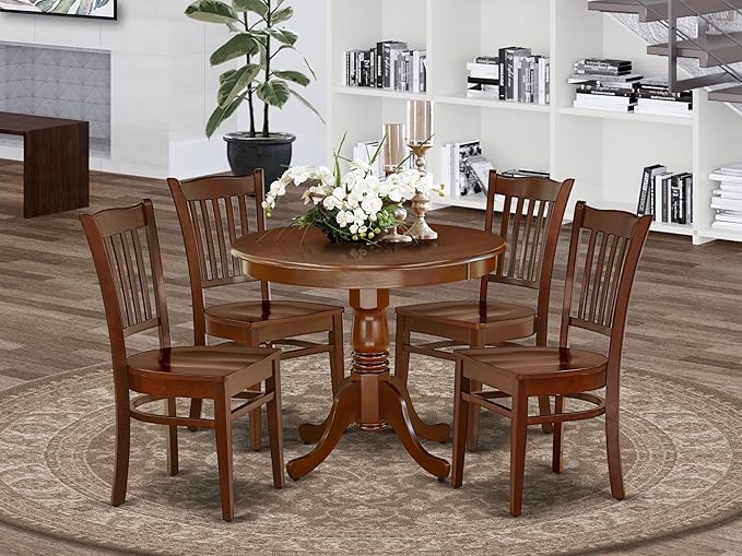 East West Furniture ANGR5-MAH-W 5 Piece Dining Room Table Set Includes a Round Kitchen Table with Pedestal and 4 Dining Chairs, 36x36 Inch, Mahogany