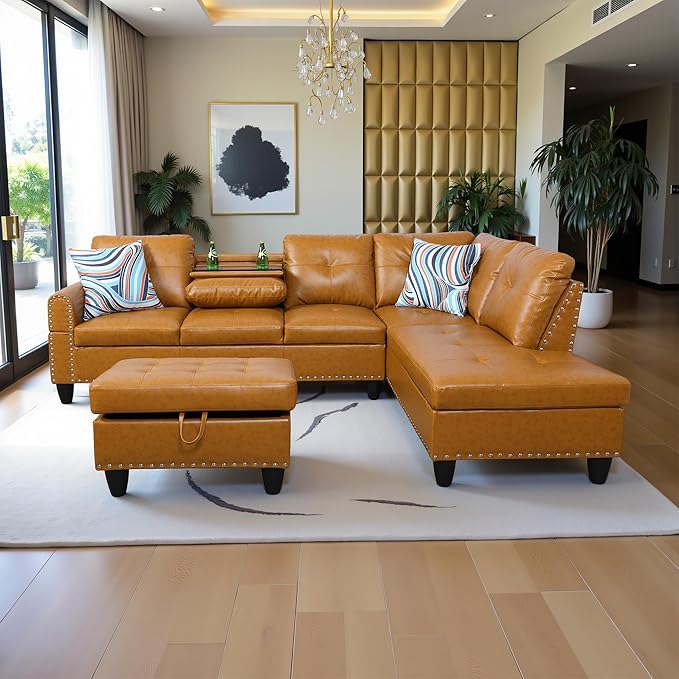 97.5" Oversized Sectional Couch, L Shaped Couch with Storage Ottoman, Modern Modular Sofa with Deep Seat, Sectional Couches for Living Room and Office, Ginger (PU Leather)