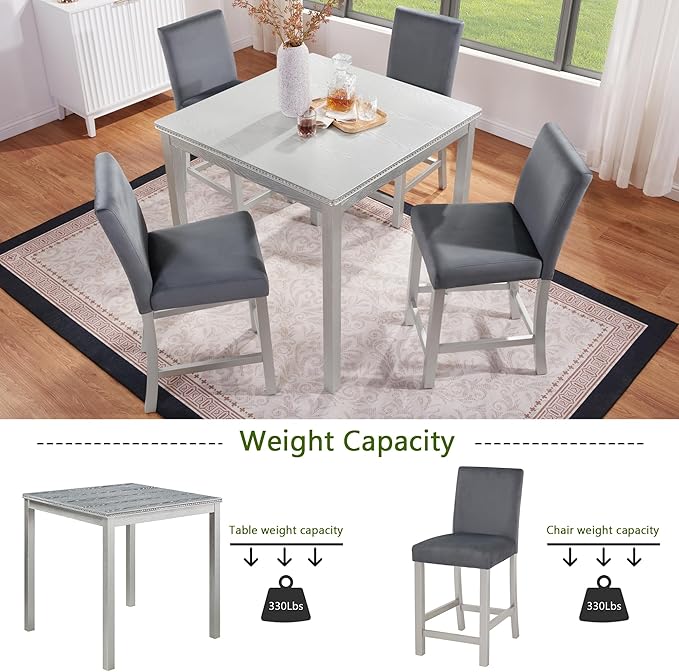 KEIKI 5-Piece Counter Height Dining Table Set with Square Table and 4 Upholstered Chair, for 4 Person, Classic Crystal Decoration Wooden Table Set, Easy Assembly, for Kitchen, Dining Room, Silver Grey