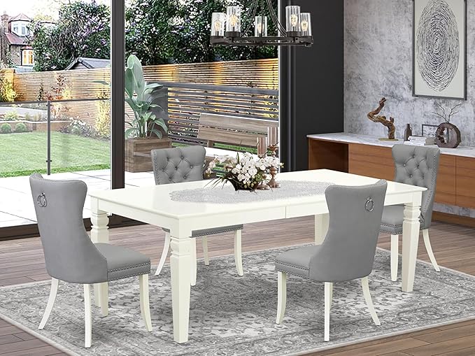 East West Furniture LGDA5-LWH-27 5 Piece Dining Room Set Contains a Rectangle Kitchen Table with Butterfly Leaf and 4 Polyester Fabric Upholstered Parson Chairs, 42x84 Inch, linen white