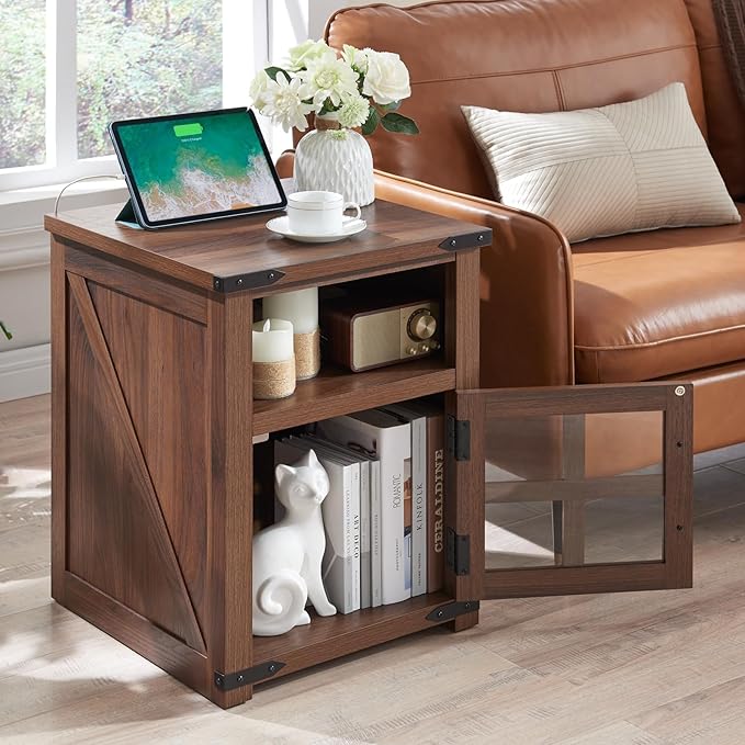 Farmhouse Nightstand with Charging Station, Rustic End Table with Tempered Glass Barn Door, Wood Sofa Side Bedside Table with Open Storage Shelf for Living Room, Bedroom, Brown
