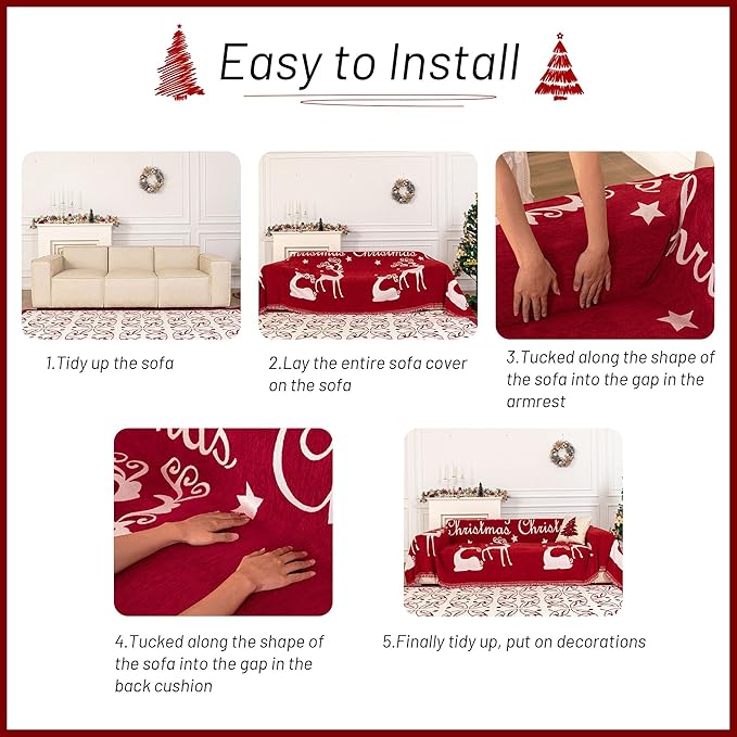 MYSKY HOME Christmas Couch Cover for Sofa Couch Covers for Pets, Non Slip Dogs Furniture Protector with Tassels for Living Room Non Slip Washable Furniture Protector Cover for Pet, Cat, 71"x118", Red