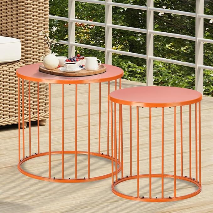 LEWIS&WAYNE Outdoor Side Table Set of 2, Metal Circle Accent End Tables for Balcony Backyard Garden Indoor Living Room, Durable Nesting Coffee Tables, 20”+16” Dia, Orange