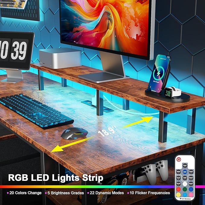 Furologee 51" Computer Desk with Power Outlet and LED Lights, Reversible Home Office Desk with File Cabinet & Monitor Stand, Large Gaming Table with Storage Shelves & Drawer, Rustic Brown