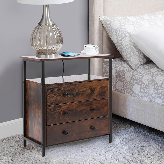 3 Wooden Drawers Nightstand, 27 Inch Wide Night Stand Set 2 with Charging Station and Adjustable Drawers, Bedside Table for Living Room/Bedroom/Office, Retro Brown.