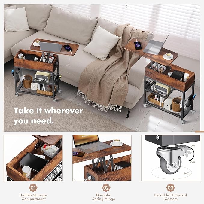 Colima Lift Top End Table with Charging Station and Wheels, Sofa Side Table with USB Port & AC Outlets, Movable Bedside Nightstand with Side Bag for Office Living Room Bedroom(Rustic Wood)