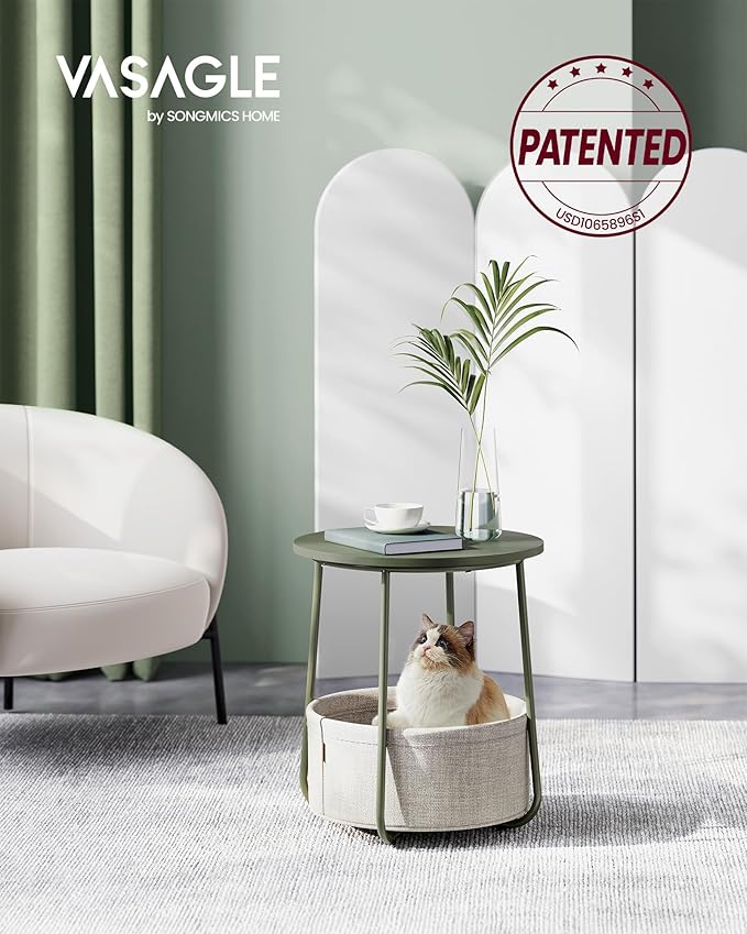 VASAGLE Small Round Side End Table, Modern Nightstand with Fabric Basket, Forest Green and Cream White ULET223C80