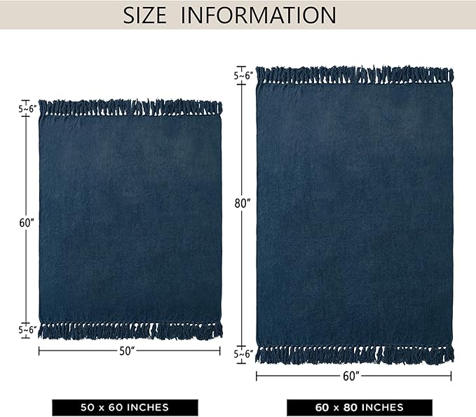 Chenille Throw Blanket for Couch 50"X 60", Soft Cozy Throws with Fringe Tassel for Bed Sofa Chair Cover, Lightweight Knitted Decorative Boho Blankets for Living Room, Navy Blue