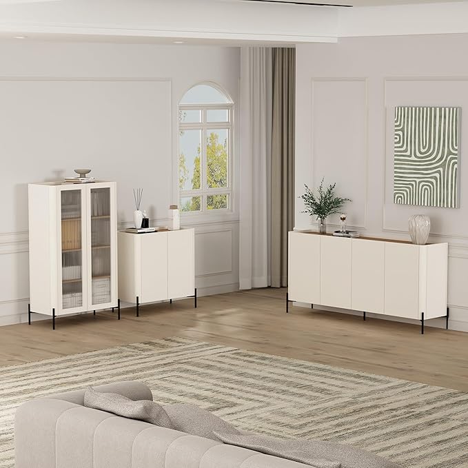Manhattan Comfort Abbey Accent Cabinet with Doors, Tray Top Design and Adjustable Shelves, Sleek Modern Storage Furniture for Dining Area, Living Room, Bedroom, Entryway, Maple and Off White
