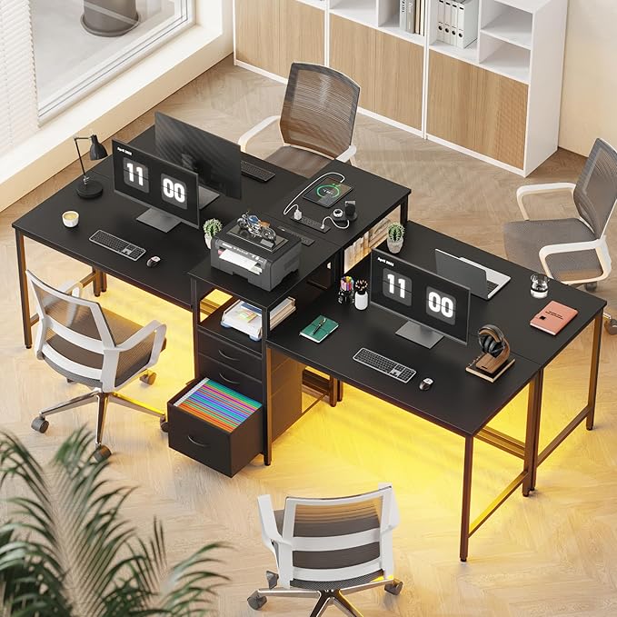 93'' Two Person Desk with Charging Station, Long Desk with 3 Drawers and Printer Shelf, Double Computer Desk, Fabric Drawers, 2 Person Writing Study Table Workstation for Home Office, Black