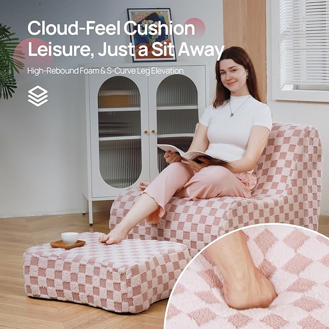 Giant Bean Bag Chair for Adults with Ottoman, Teddy Fabric Beanbag Chair with Memory Foam Filled,Plush Lazy Floor Sofa with Footstool Couch for Living Room,Bedroom,Dorm, Apartment, Pink