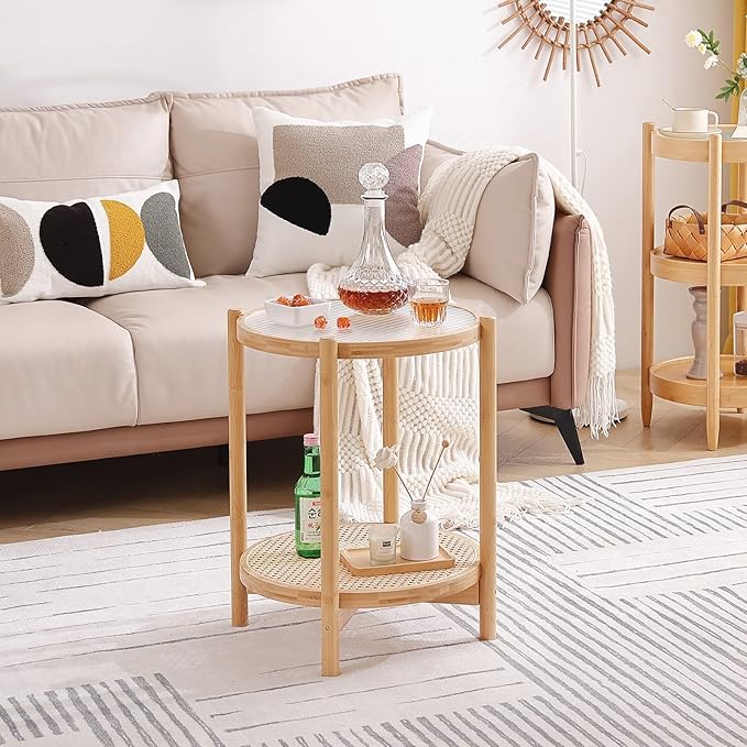 Tiita Rattan Coffee Table, Round End Table, 19.7Inch Modern Side Table, Small Bamboo Living Room Side Table, Glass Sofa End Table for Balcony and Office Outdoor/Indoor (Wood)