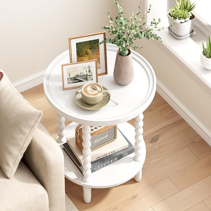 Gadroad Round End Table with Storage Shelf, 2 Tier Couch Side Table, Wood Coffee Table for Living Room, Bedroom, White 19.3 * 19.3 * 25.6 inches