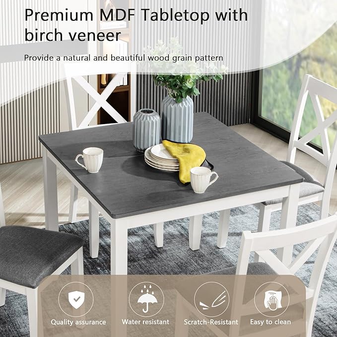 Ball & Cast 5 Piece Dining Table Set with 4 X-Back Chairs,Wooden Living Room Furniture W/ 34.5" Square Kitchen Desk,Easy Assemble & Clean,for Small Space,Apartment,Dining Room,White+Gray