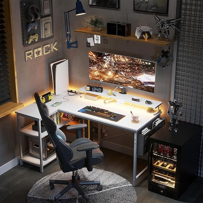 ODK 48 Inch Gaming Desk with USB Charging Ports and LED Lights, Reversible L Shaped Computer Desk with Storage Shelves & Monitor Stand, Corner Home Office Desk Table with Power Outlets, White